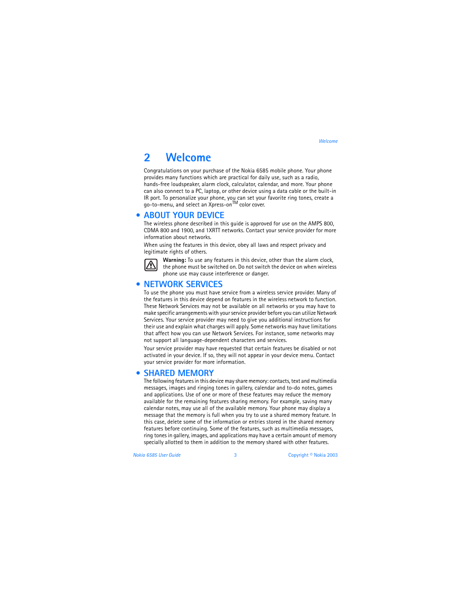 2 welcome, About your device, Network services | Shared memory, Welcome, About your device network services shared memory, 2welcome | Nokia 6585 User Manual | Page 10 / 101