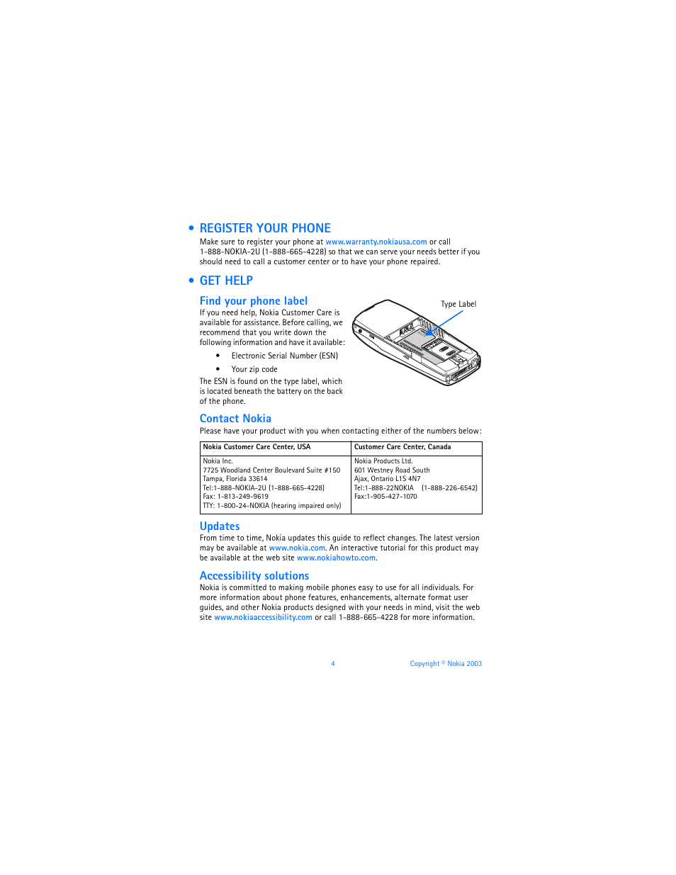 Register your phone, Get help, Register your phone get help | Find your phone label, Contact nokia, Updates, Accessibility solutions | Nokia 6585 User Manual | Page 11 / 101