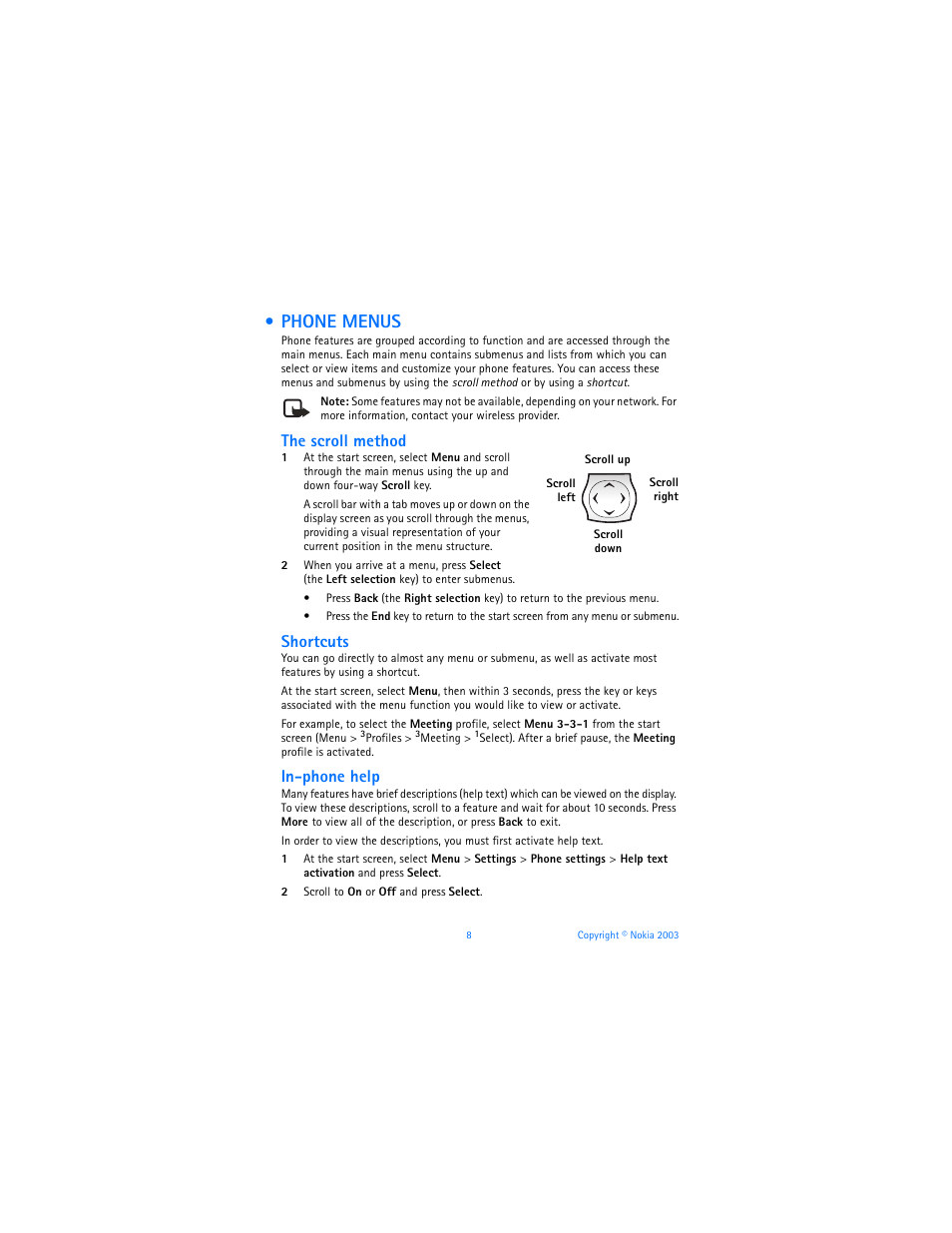 Phone menus, The scroll method, Shortcuts | In-phone help | Nokia 6585 User Manual | Page 15 / 101
