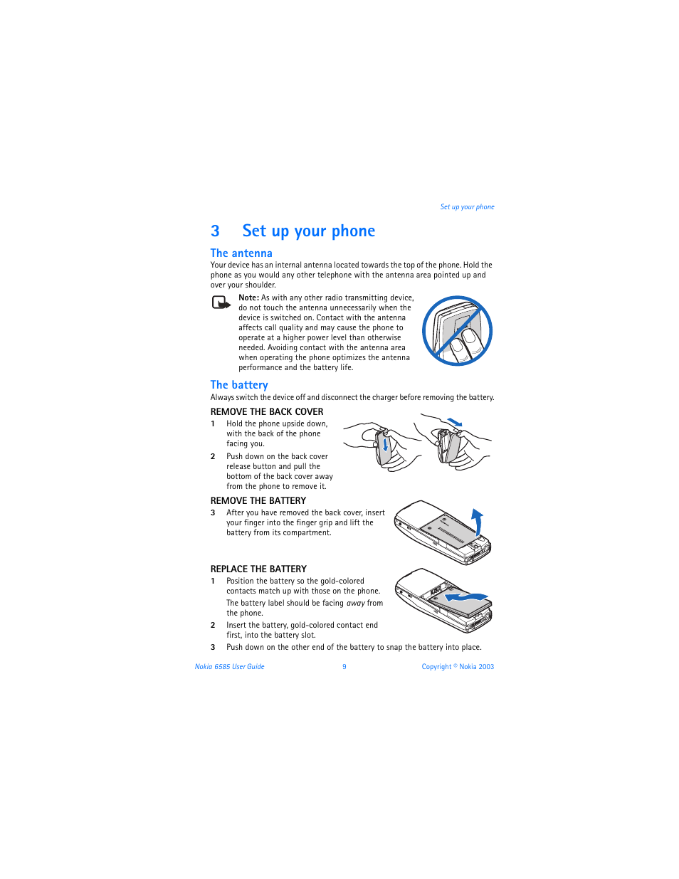 3 set up your phone, Set up your phone, 3set up your phone | The antenna, The battery | Nokia 6585 User Manual | Page 16 / 101