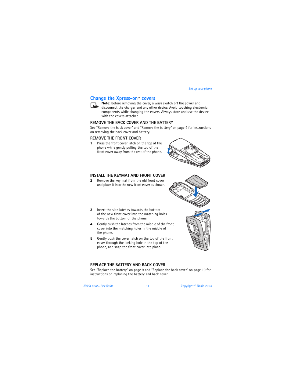 Change the xpress-on, Covers | Nokia 6585 User Manual | Page 18 / 101