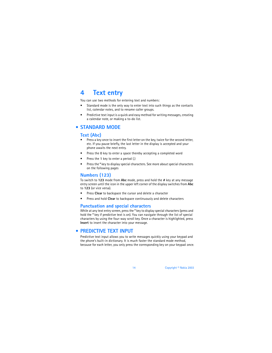 4 text entry, Standard mode, Predictive text input | Text entry, Standard mode predictive text input, 4text entry, Text (abc), Numbers (123), Punctuation and special characters | Nokia 6585 User Manual | Page 21 / 101