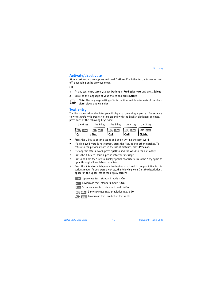 Activate/deactivate, Text entry | Nokia 6585 User Manual | Page 22 / 101