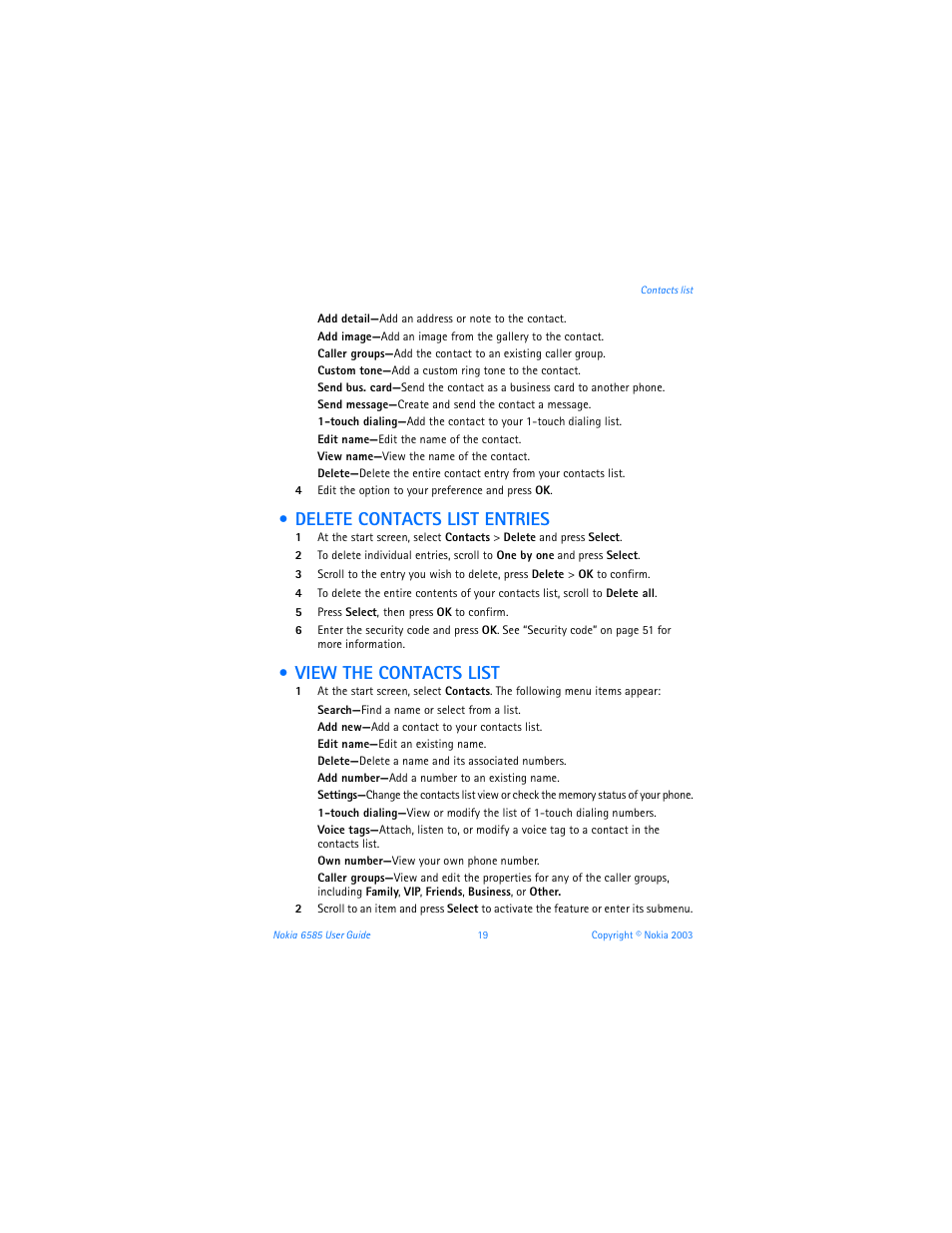 Delete contacts list entries, View the contacts list | Nokia 6585 User Manual | Page 26 / 101