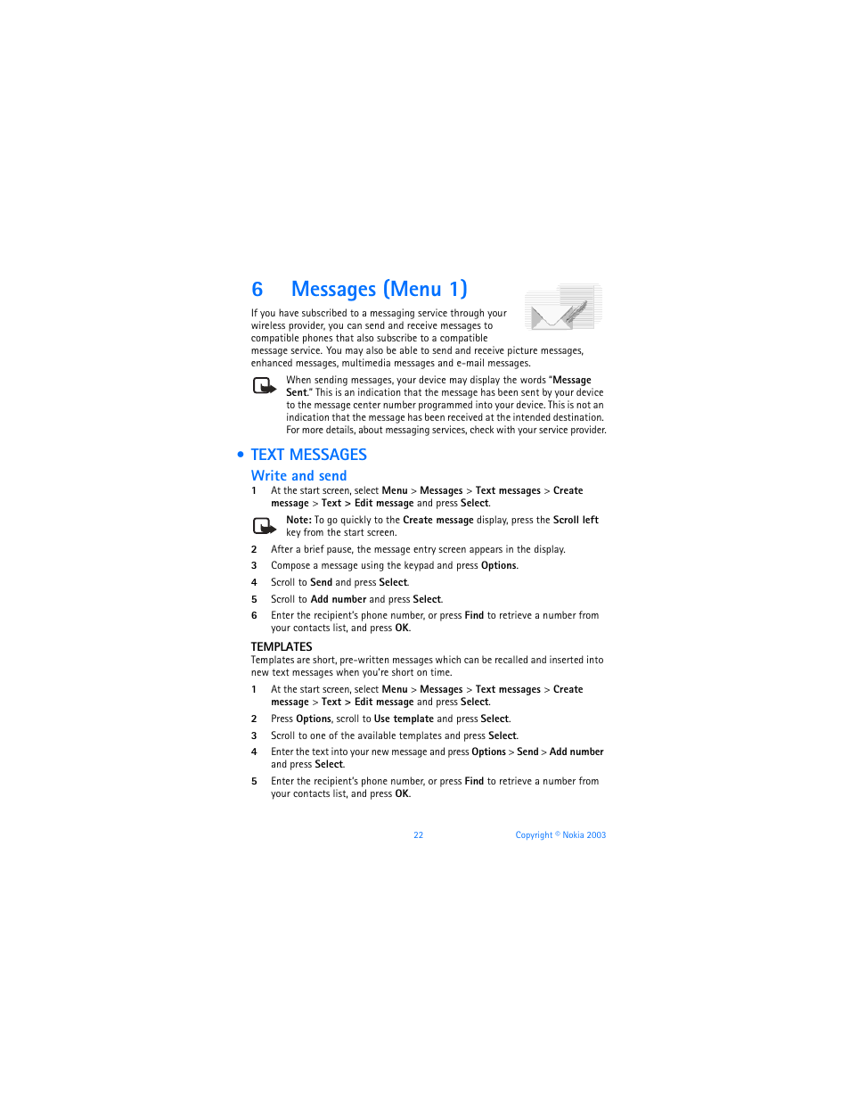 6 messages (menu 1), Text messages, Messages (menu 1) | 6messages (menu 1), Write and send | Nokia 6585 User Manual | Page 29 / 101