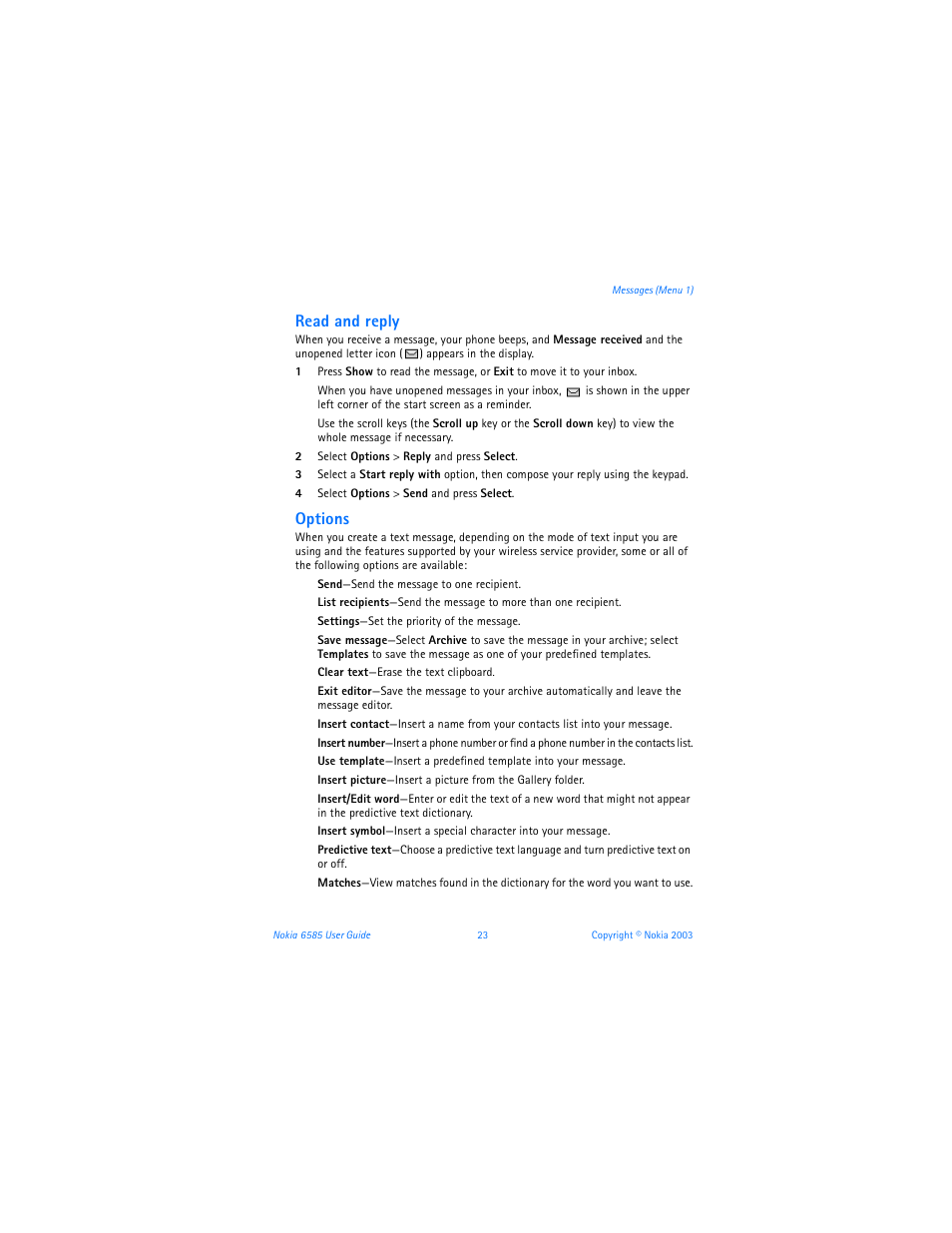 Read and reply, Options | Nokia 6585 User Manual | Page 30 / 101