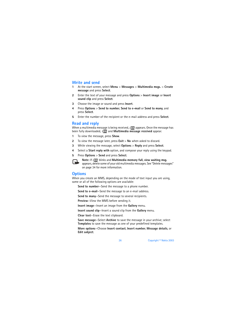 Write and send, Read and reply, Options | Nokia 6585 User Manual | Page 33 / 101