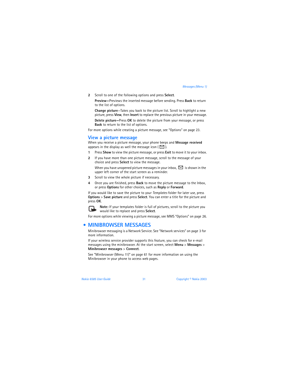 Minibrowser messages, View a picture message | Nokia 6585 User Manual | Page 38 / 101
