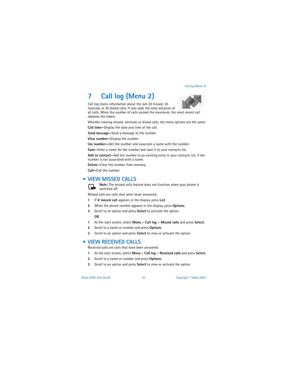 7 call log (menu 2), View missed calls, View received calls | Call log (menu 2), View missed calls view received calls, 7call log (menu 2) | Nokia 6585 User Manual | Page 42 / 101