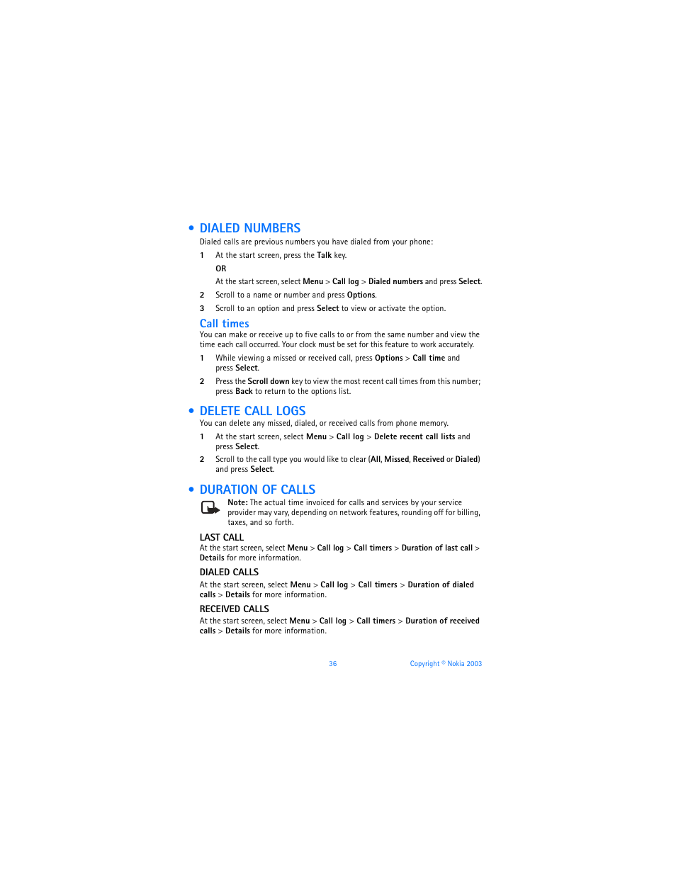 Dialed numbers, Delete call logs, Duration of calls | Dialed numbers delete call logs duration of calls, Call times | Nokia 6585 User Manual | Page 43 / 101