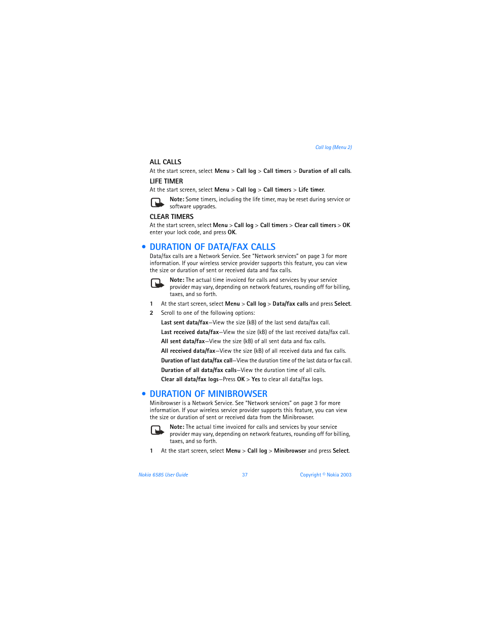 Duration of data/fax calls, Duration of minibrowser, Duration of data/fax calls duration of minibrowser | Nokia 6585 User Manual | Page 44 / 101