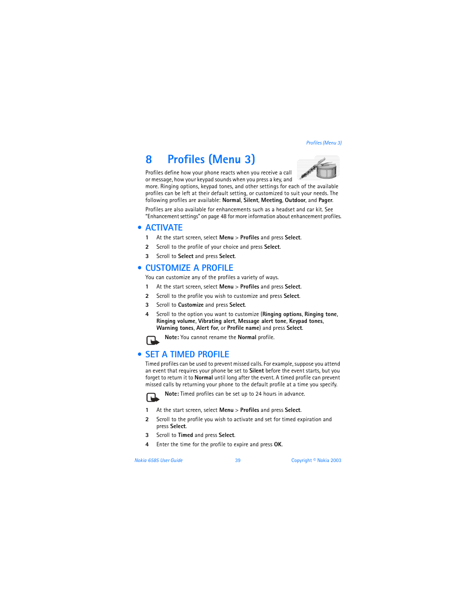 8 profiles (menu 3), Activate, Customize a profile | Set a timed profile, Profiles (menu 3), Activate customize a profile set a timed profile, 8profiles (menu 3) | Nokia 6585 User Manual | Page 46 / 101