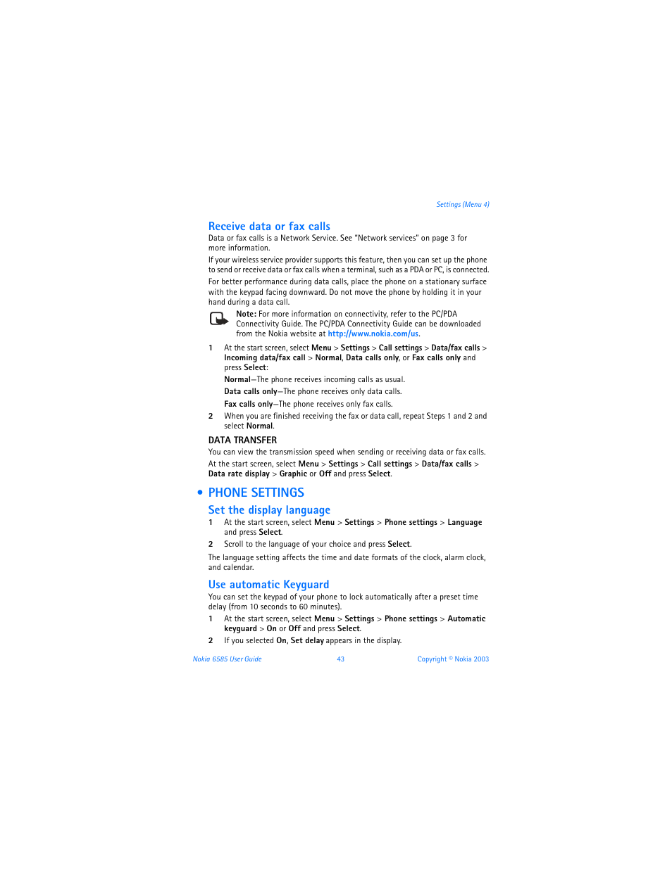 Phone settings, Receive data or fax calls, Set the display language | Use automatic keyguard | Nokia 6585 User Manual | Page 50 / 101