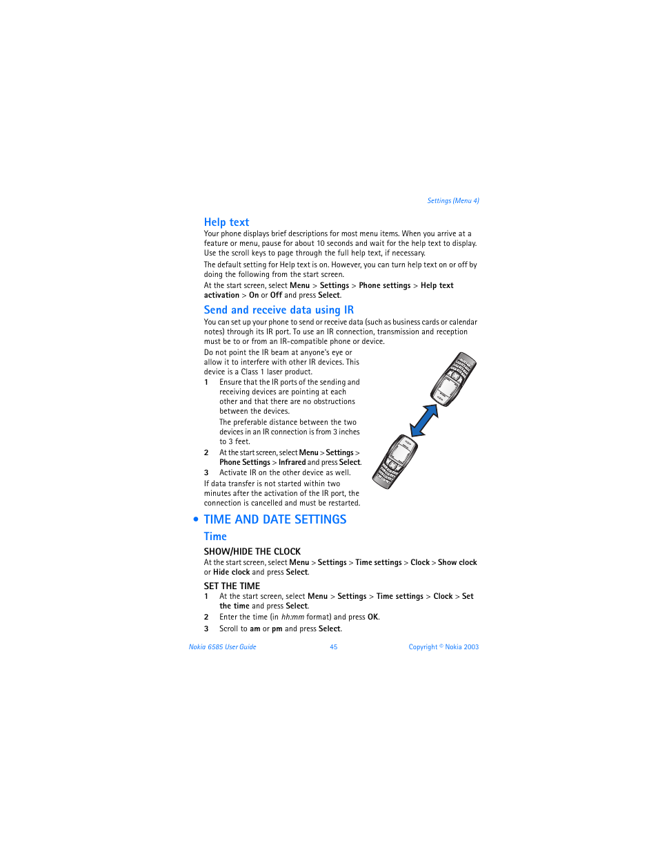 Time and date settings, Help text, Send and receive data using ir | Time | Nokia 6585 User Manual | Page 52 / 101