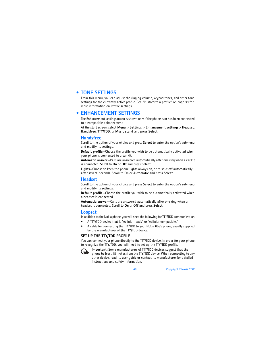 Tone settings, Enhancement settings, Tone settings enhancement settings | Handsfree, Headset, Loopset | Nokia 6585 User Manual | Page 55 / 101