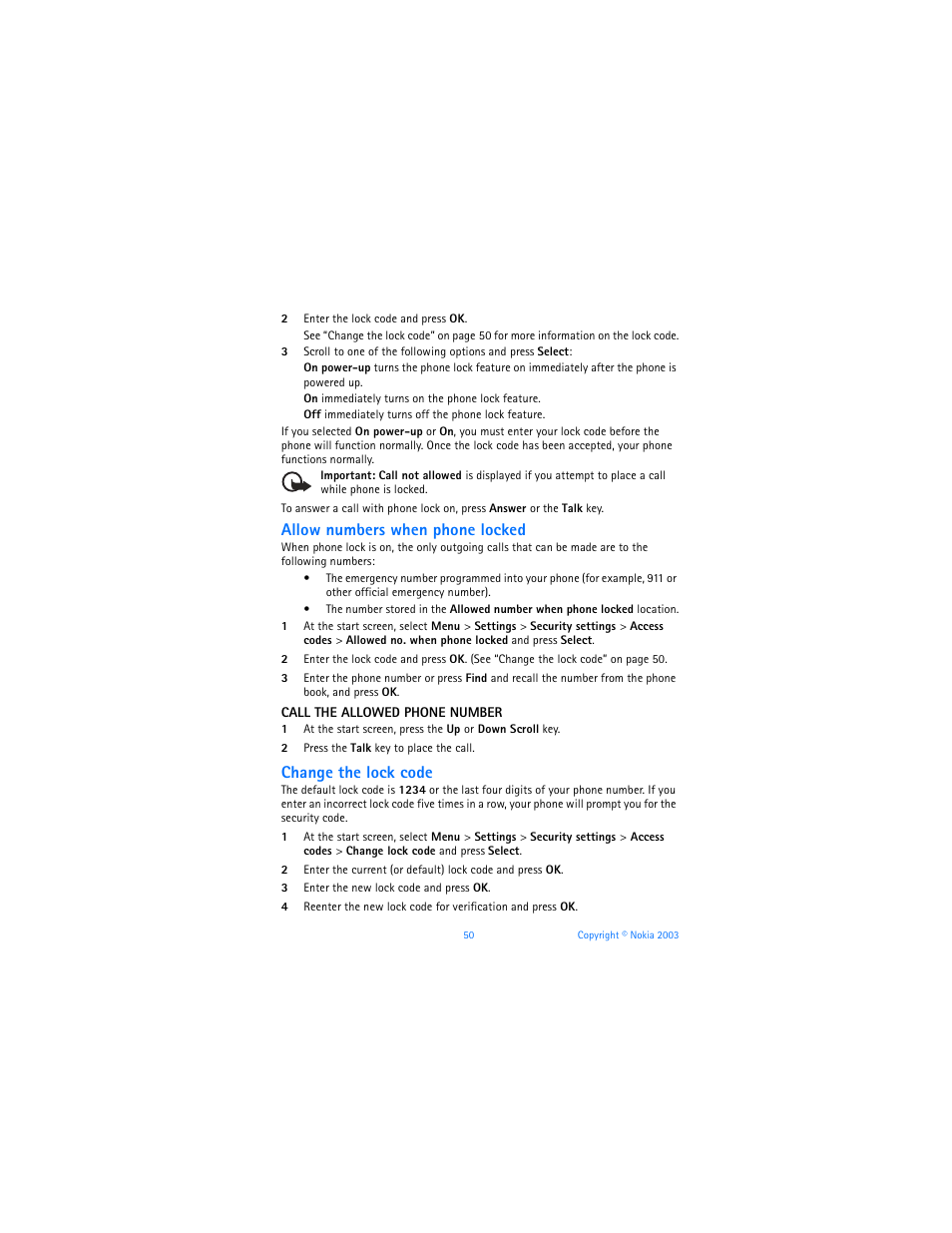 Allow numbers when phone locked, Change the lock code | Nokia 6585 User Manual | Page 57 / 101