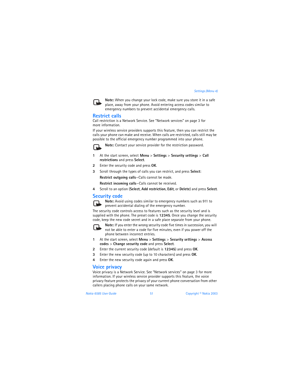 Restrict calls, Security code, Voice privacy | Nokia 6585 User Manual | Page 58 / 101