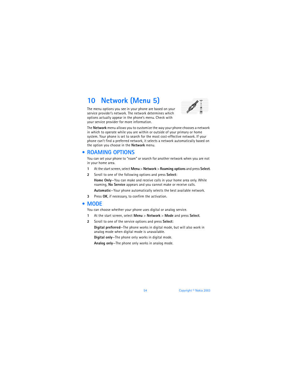 10 network (menu 5), Roaming options, Mode | Roaming options mode | Nokia 6585 User Manual | Page 61 / 101