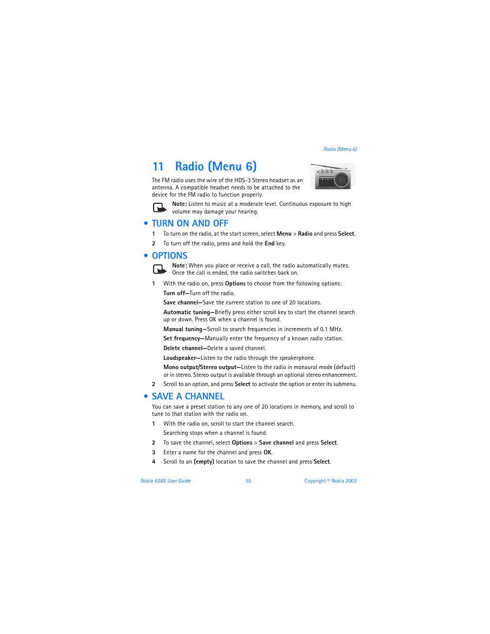 11 radio (menu 6), Turn on and off, Options | Save a channel, Turn on and off options save a channel | Nokia 6585 User Manual | Page 62 / 101