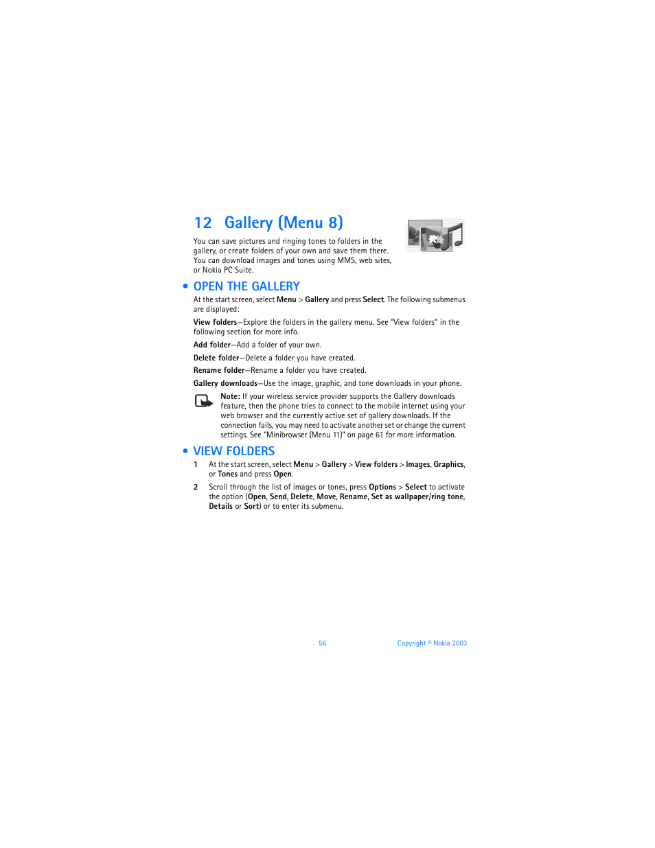 12 gallery (menu 8), Open the gallery, View folders | Open the gallery view folders | Nokia 6585 User Manual | Page 63 / 101