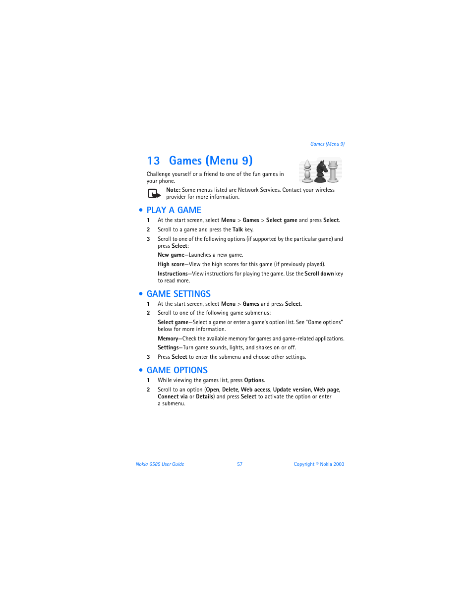 13 games (menu 9), Play a game, Game settings | Game options, Play a game game settings game options | Nokia 6585 User Manual | Page 64 / 101