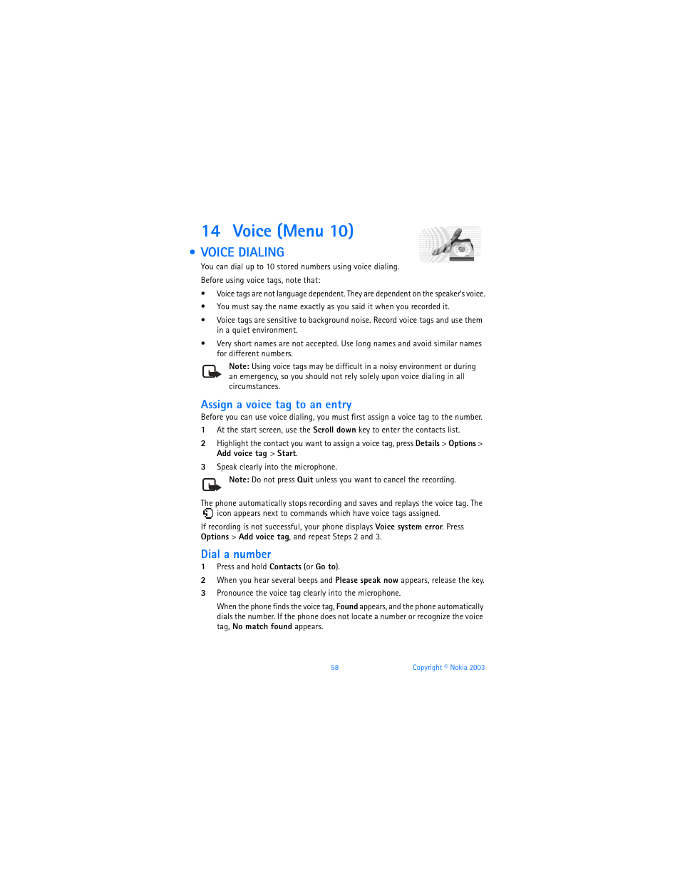 14 voice (menu 10), Voice dialing, Assign a voice tag to an entry | Dial a number | Nokia 6585 User Manual | Page 65 / 101