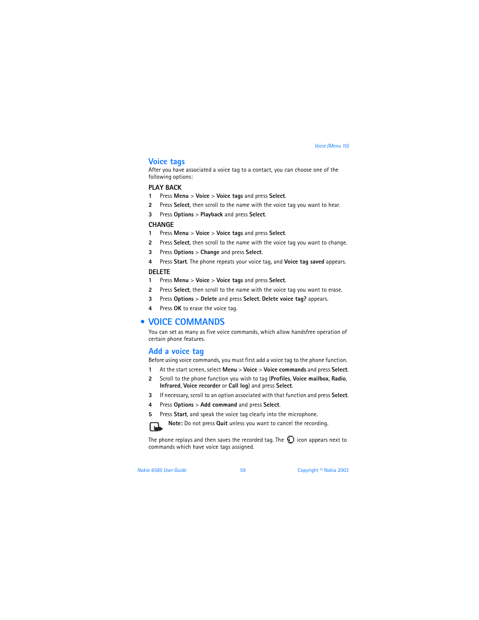 Voice commands, Voice tags, Add a voice tag | Nokia 6585 User Manual | Page 66 / 101