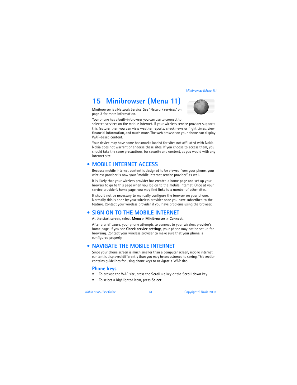 15 minibrowser (menu 11), Mobile internet access, Sign on to the mobile internet | Navigate the mobile internet, Phone keys | Nokia 6585 User Manual | Page 68 / 101