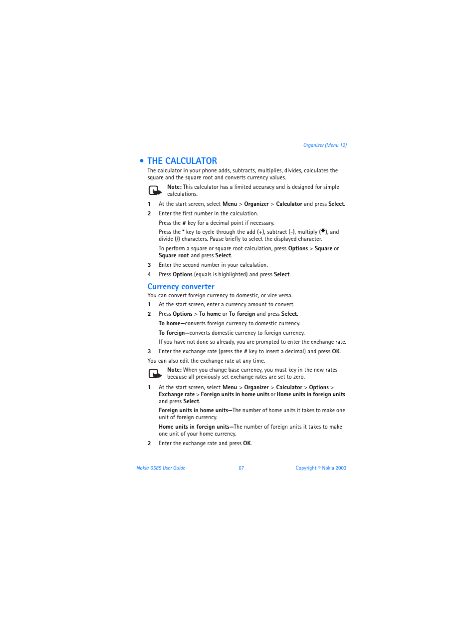 The calculator, Currency converter | Nokia 6585 User Manual | Page 74 / 101