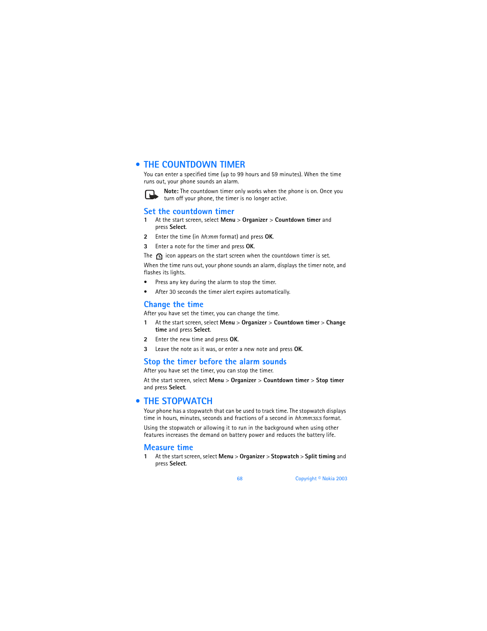 The countdown timer, The stopwatch, The countdown timer the stopwatch | Set the countdown timer, Change the time, Stop the timer before the alarm sounds, Measure time | Nokia 6585 User Manual | Page 75 / 101