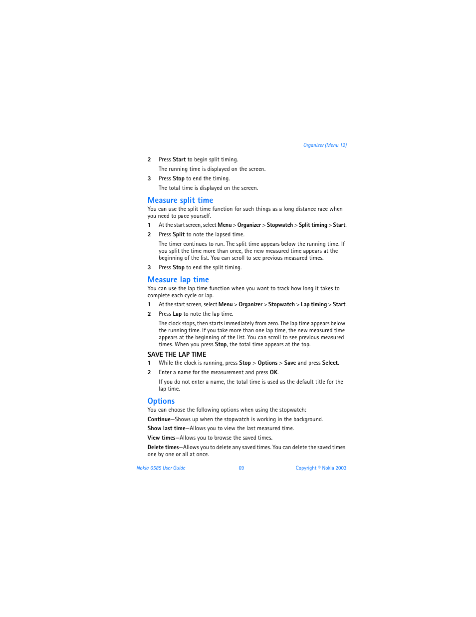 Measure split time, Measure lap time, Options | Nokia 6585 User Manual | Page 76 / 101