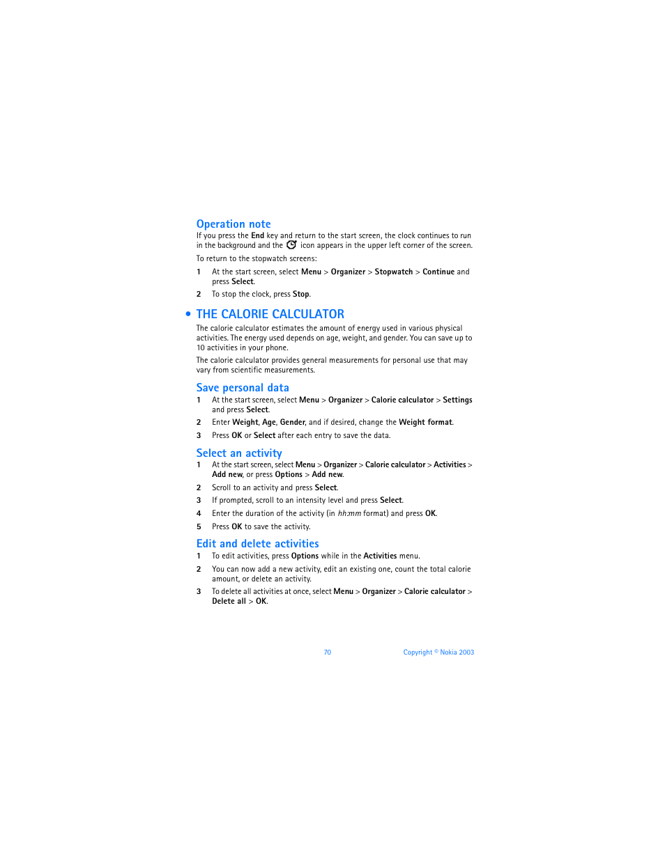 The calorie calculator, Save personal data, Select an activity | Edit and delete activities | Nokia 6585 User Manual | Page 77 / 101