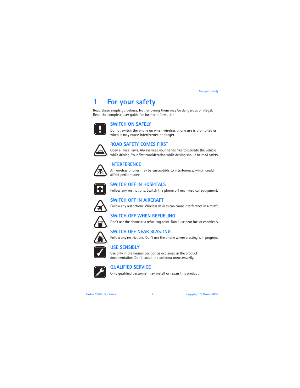 1 for your safety, For your safety, 1for your safety | Nokia 6585 User Manual | Page 8 / 101