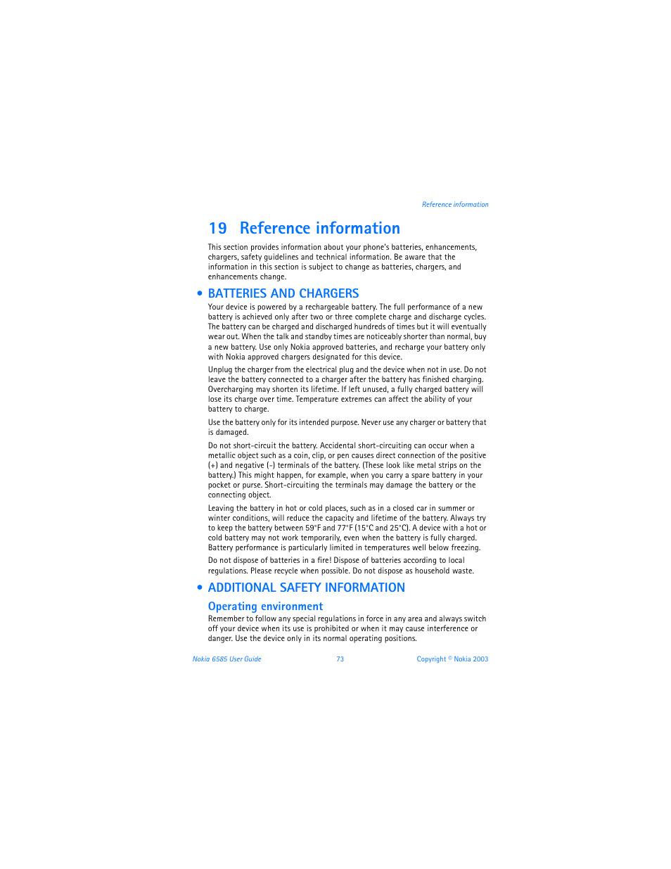 19 reference information, Batteries and chargers, Additional safety information | Operating environment | Nokia 6585 User Manual | Page 80 / 101