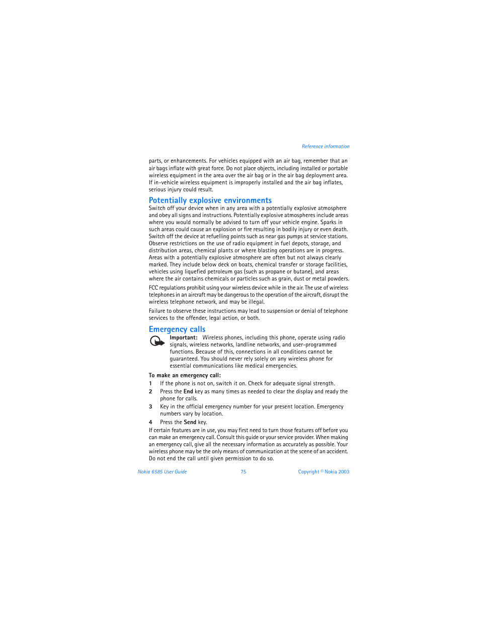 Potentially explosive environments, Emergency calls | Nokia 6585 User Manual | Page 82 / 101