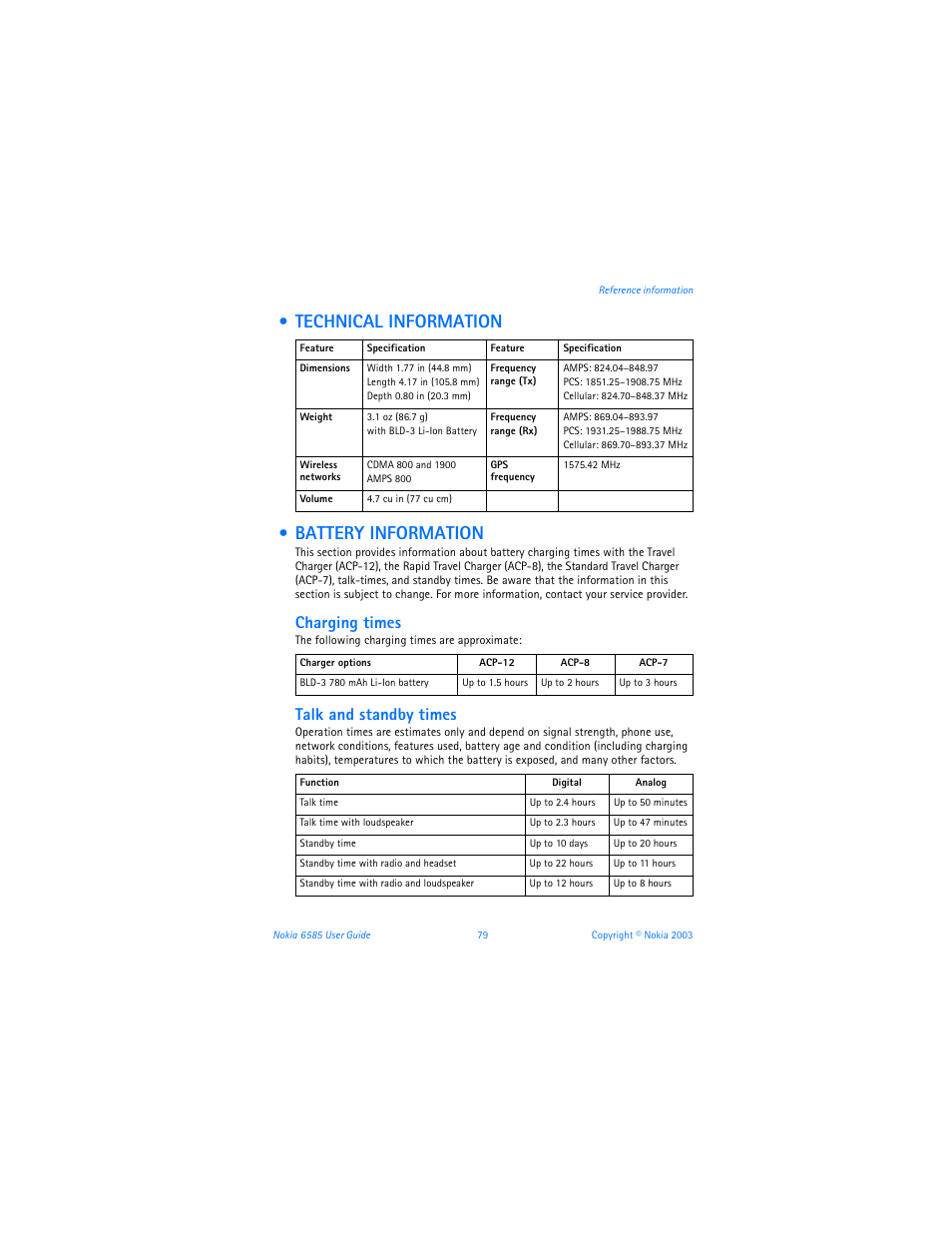 Technical information, Battery information, Technical information battery information | Technical information • battery information, Charging times, Talk and standby times | Nokia 6585 User Manual | Page 86 / 101