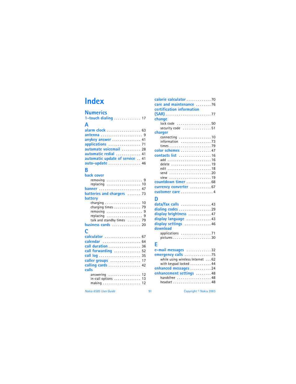 Index, Ndex, Numerics | Nokia 6585 User Manual | Page 98 / 101