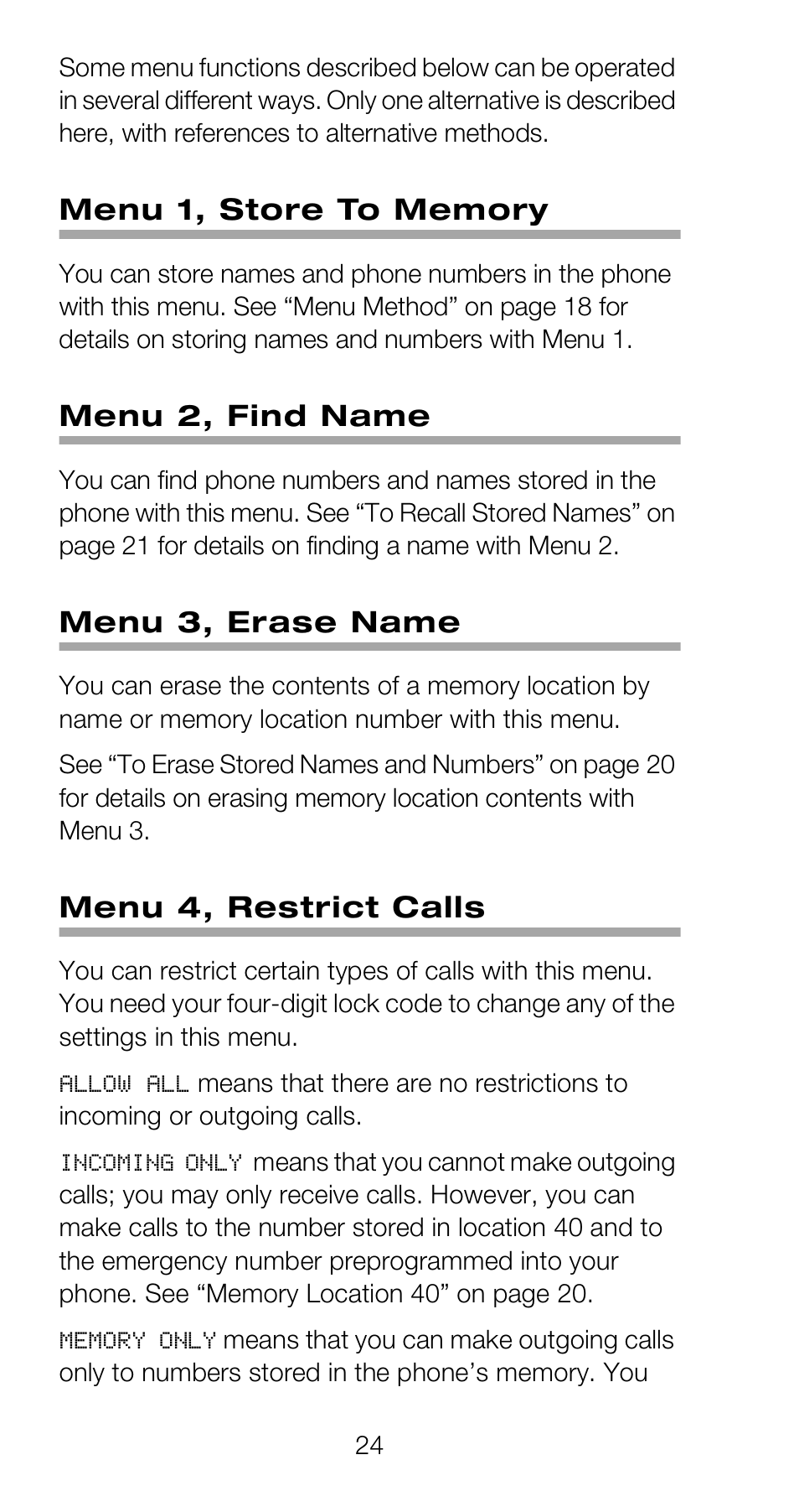 Menu 1, store to memory, Menu 2, find name, Menu 3, erase name | Menu 4, restrict calls | Nokia 918 User Manual | Page 30 / 70