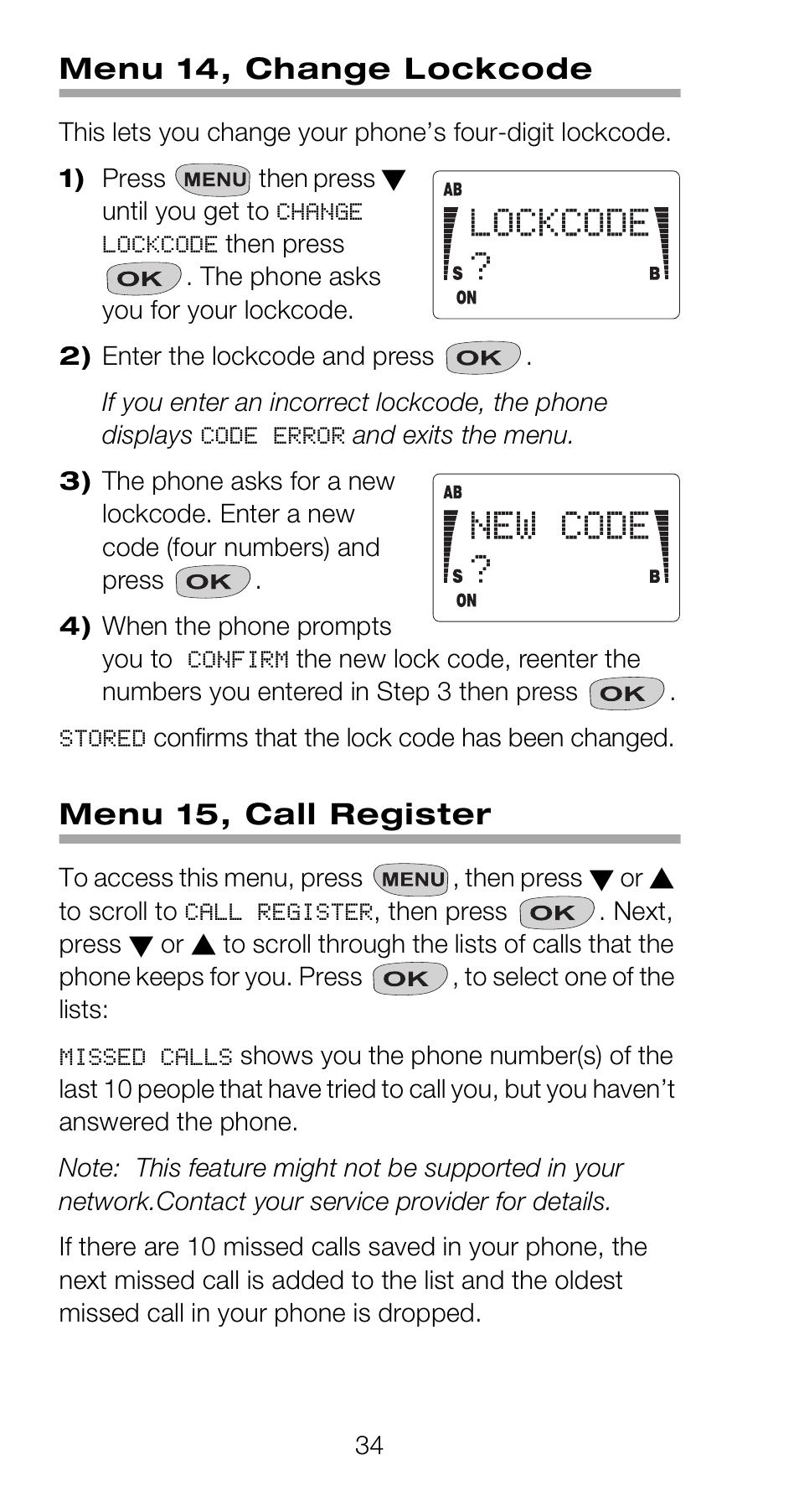 Menu 14, change lockcode, Menu 15, call register | Nokia 918 User Manual | Page 40 / 70