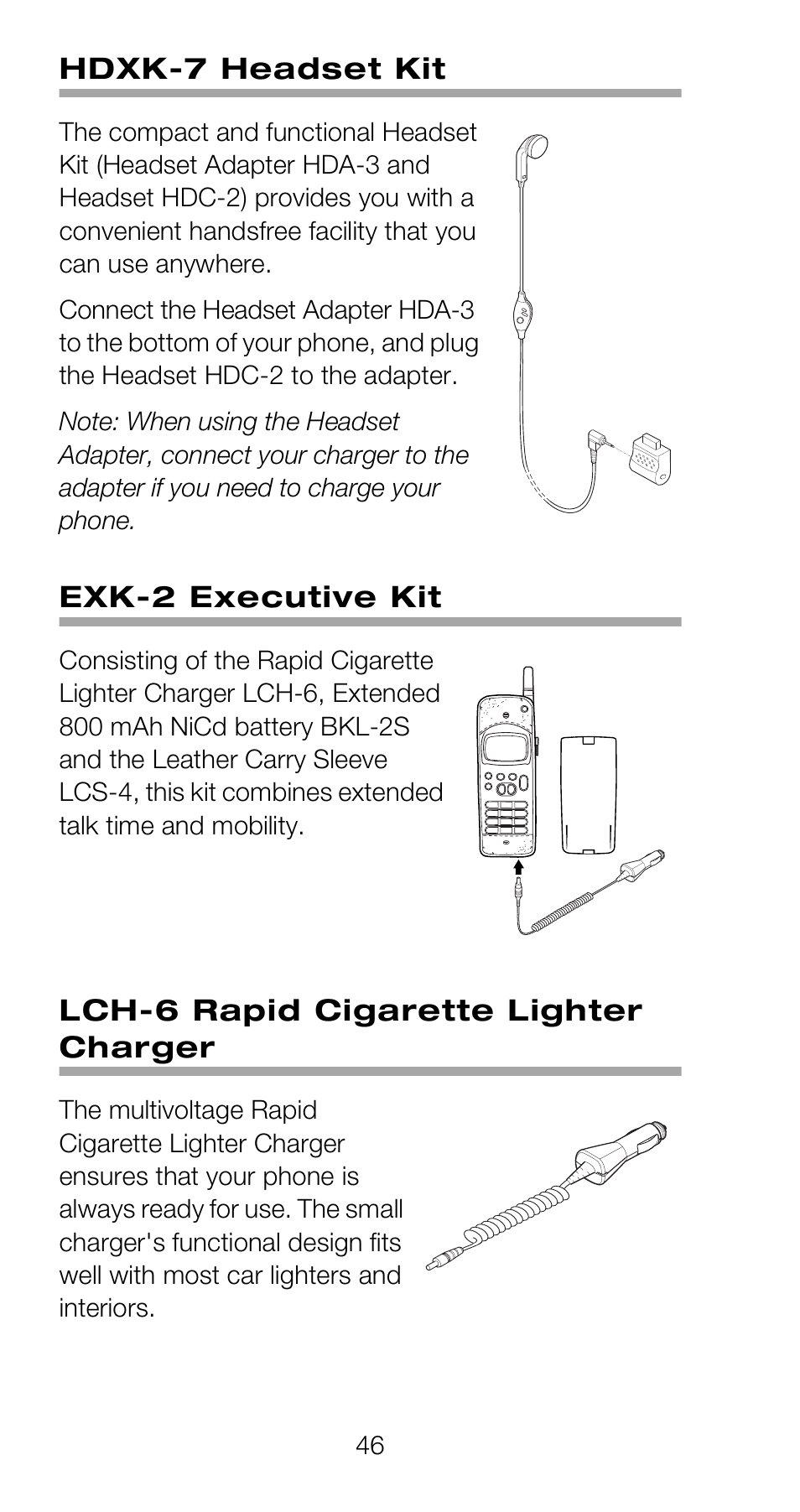 Hdxk-7 headset kit, Exk-2 executive kit, Lch-6 rapid cigarette lighter charger | Nokia 918 User Manual | Page 52 / 70