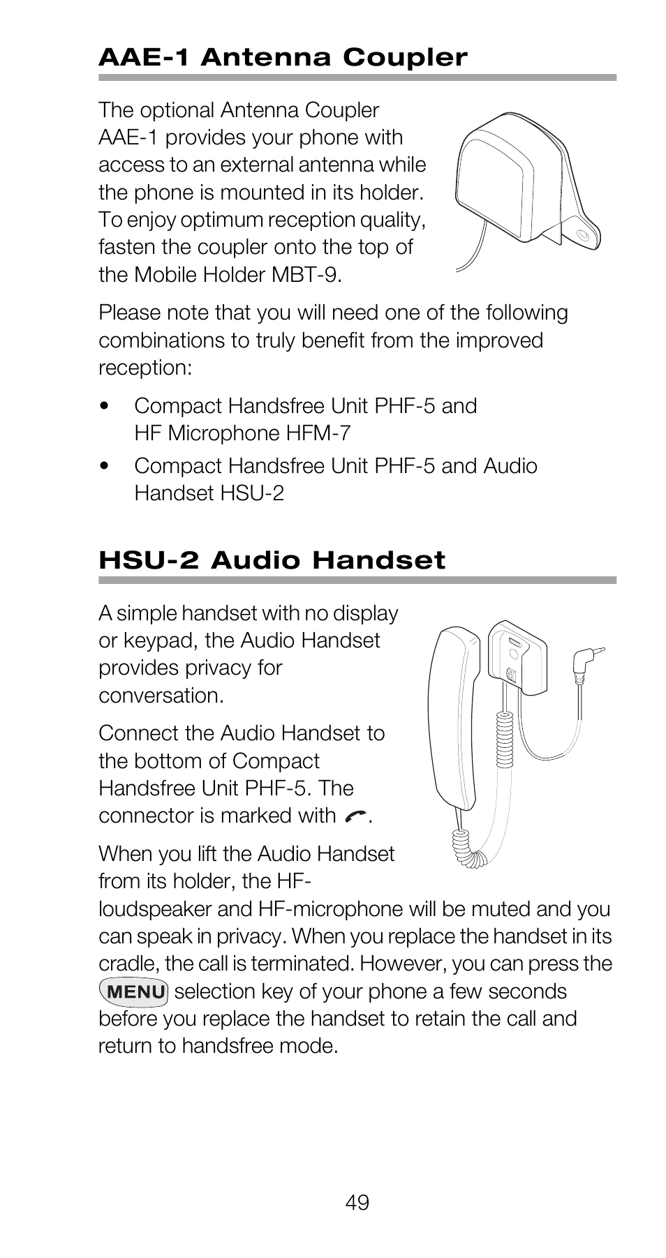 Aae-1 antenna coupler, Hsu-2 audio handset | Nokia 918 User Manual | Page 55 / 70