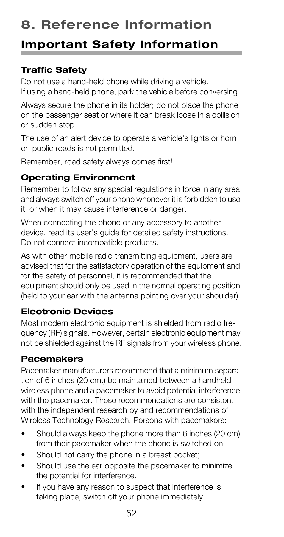 Reference information, Important safety information, Traffic safety | Operating environment, Electronic devices, Pacemakers | Nokia 918 User Manual | Page 58 / 70