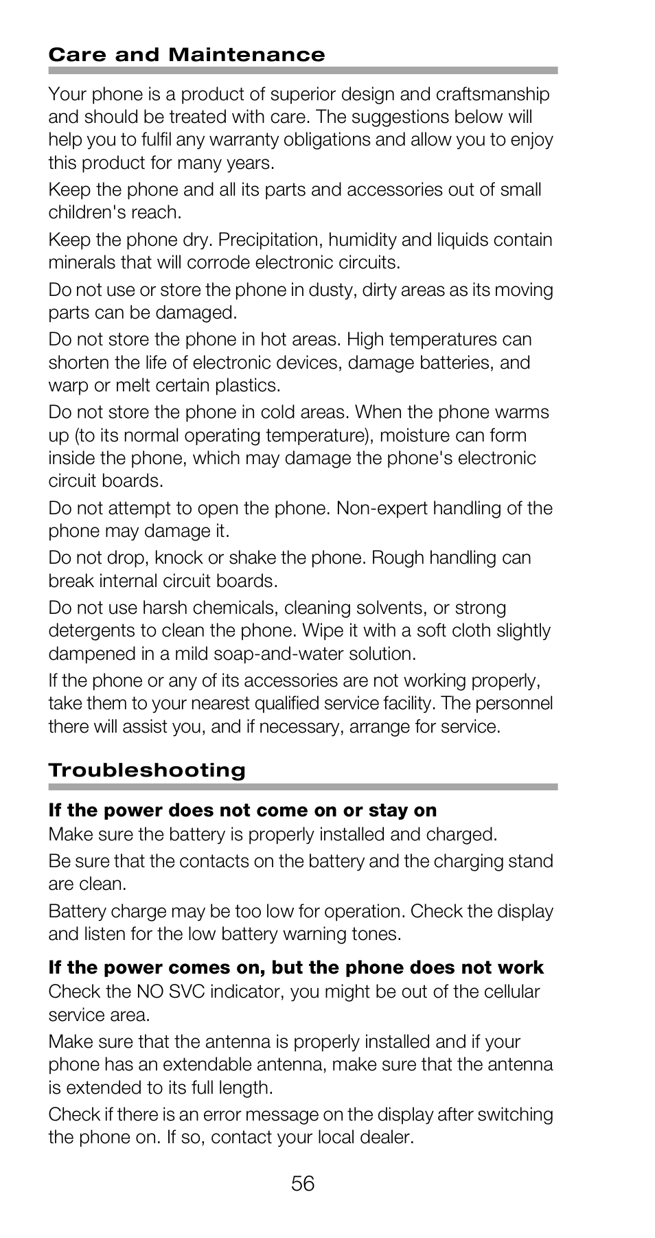 Care and maintenance, Troubleshooting, If the power does not come on or stay on | If the power comes on, but the phone does not work | Nokia 918 User Manual | Page 62 / 70