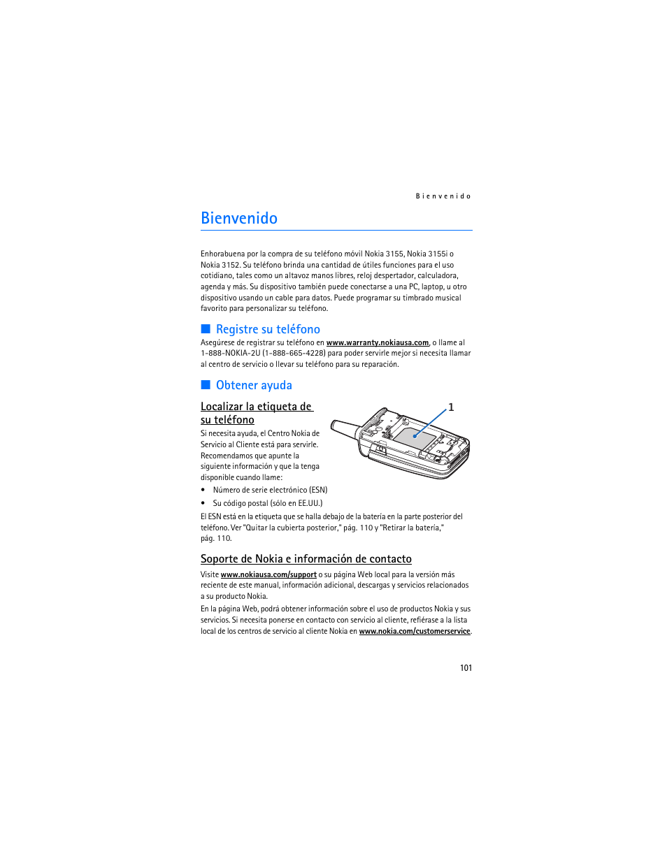 Bienvenido, Registre su teléfono, Obtener ayuda | Nokia 3155i User Manual | Page 102 / 201