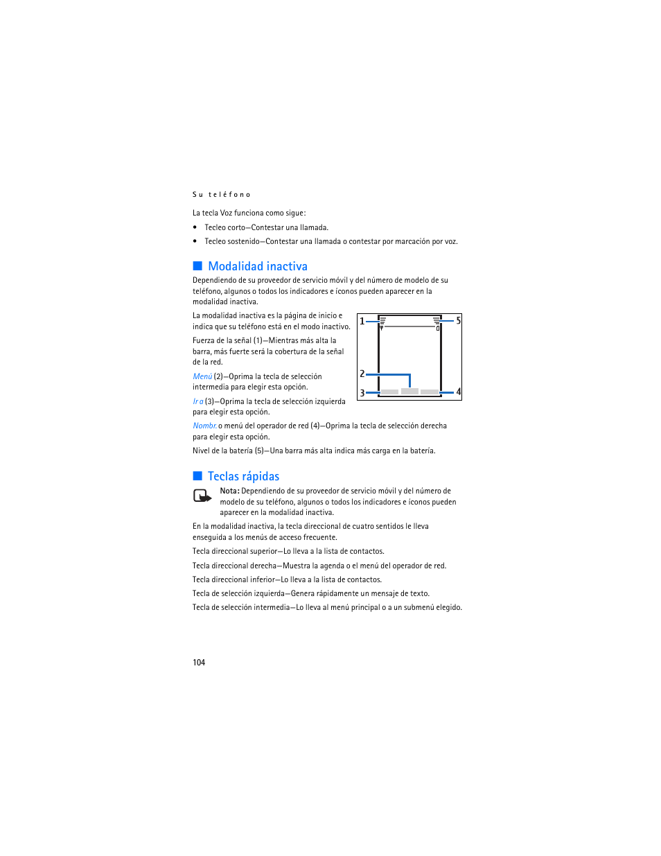 Modalidad inactiva, Teclas rápidas | Nokia 3155i User Manual | Page 105 / 201