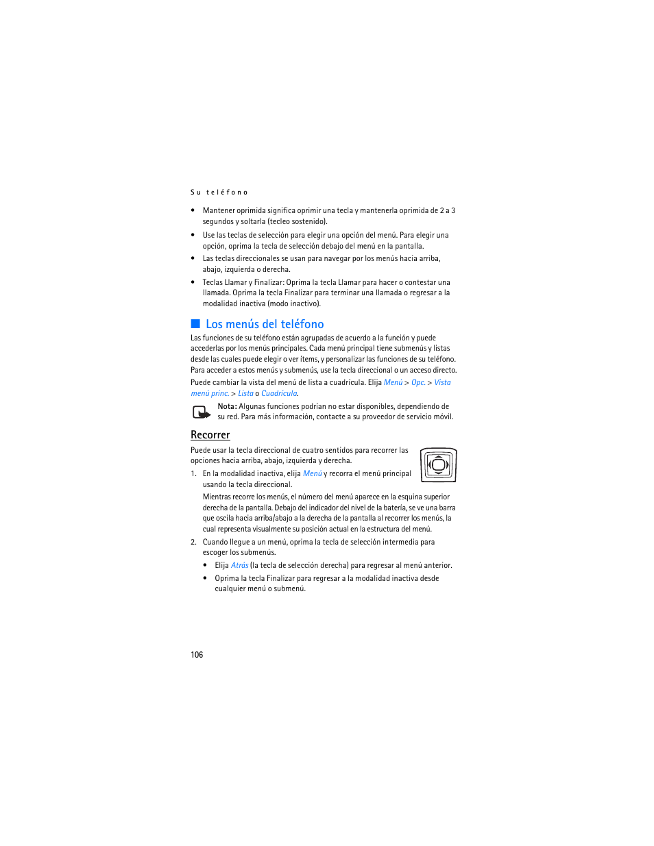 Los menús del teléfono, Recorrer | Nokia 3155i User Manual | Page 107 / 201