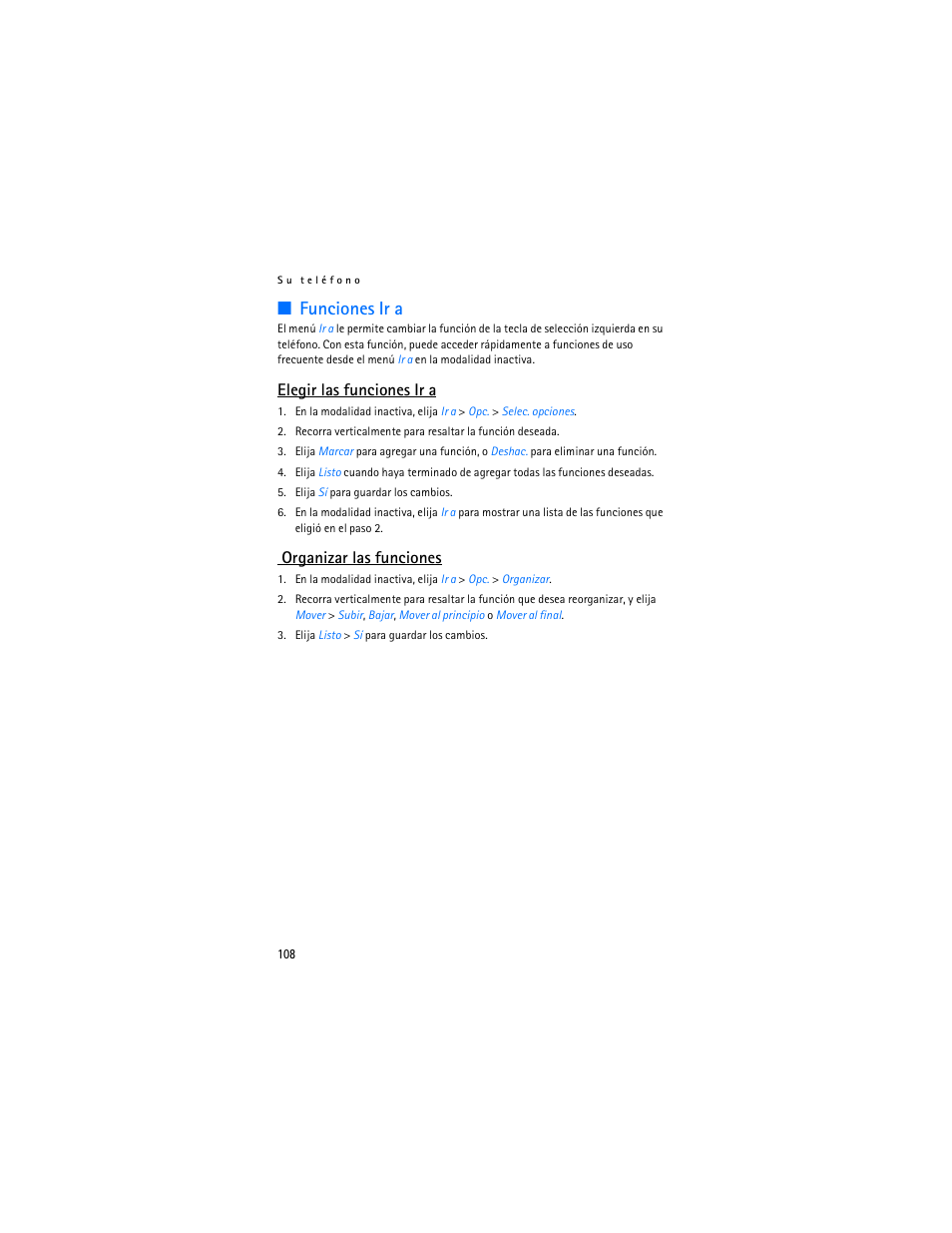 Funciones ir a, Elegir las funciones ir a, Organizar las funciones | Nokia 3155i User Manual | Page 109 / 201