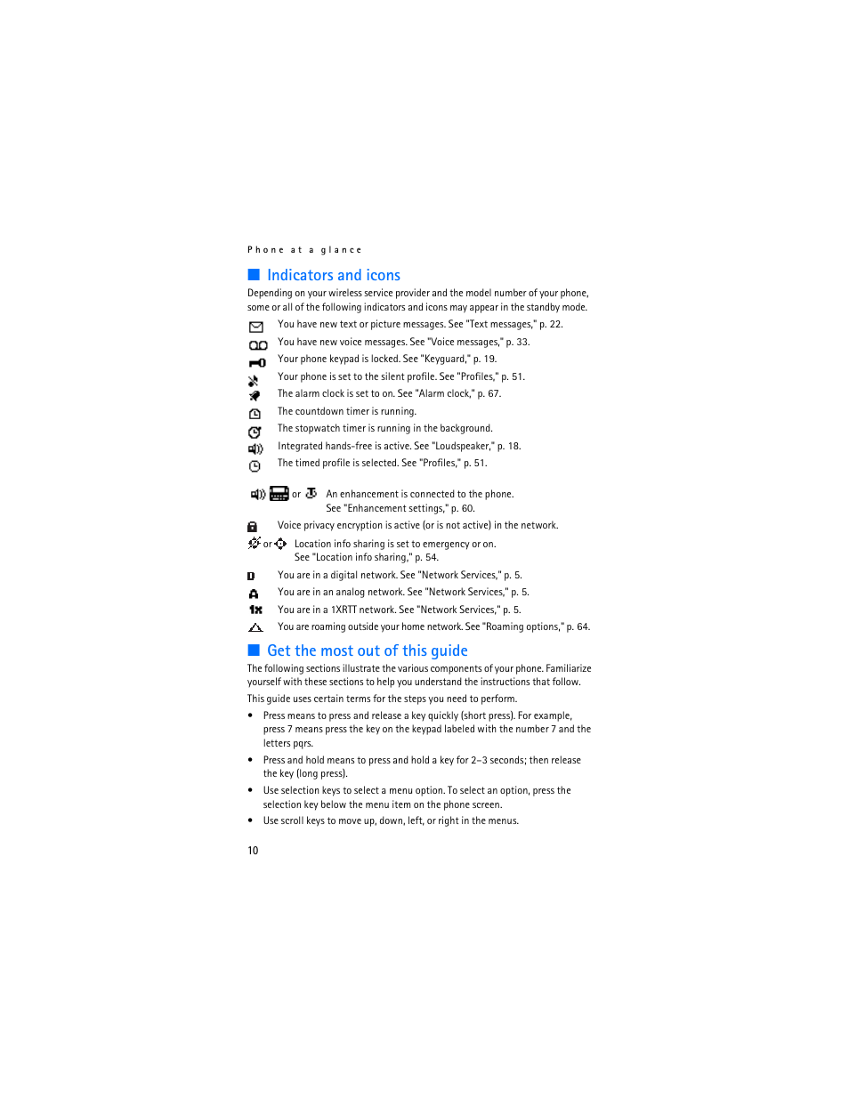 Indicators and icons, Get the most out of this guide | Nokia 3155i User Manual | Page 11 / 201