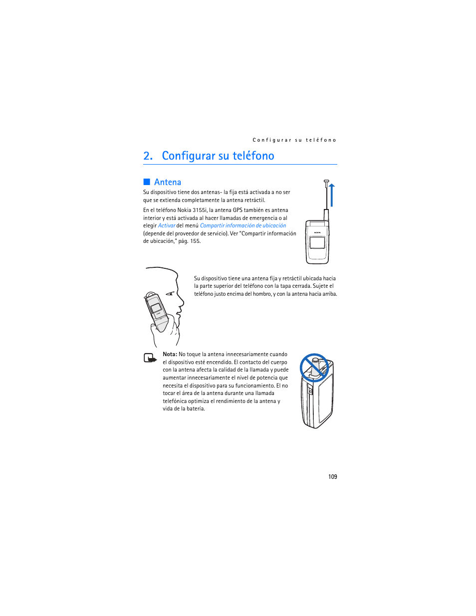 Configurar su teléfono, Antena | Nokia 3155i User Manual | Page 110 / 201