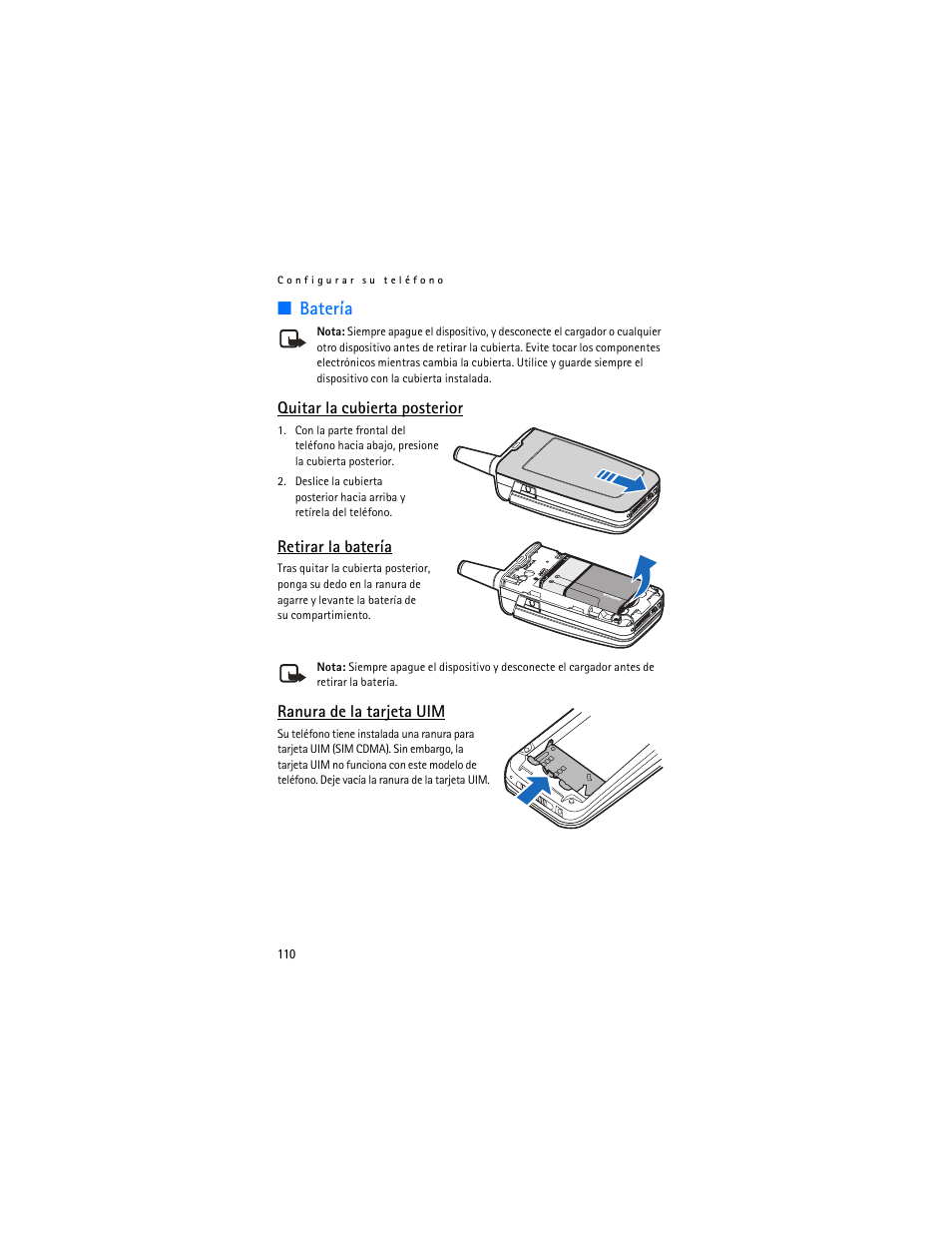 Batería, Quitar la cubierta posterior, Retirar la batería | Ranura de la tarjeta uim | Nokia 3155i User Manual | Page 111 / 201